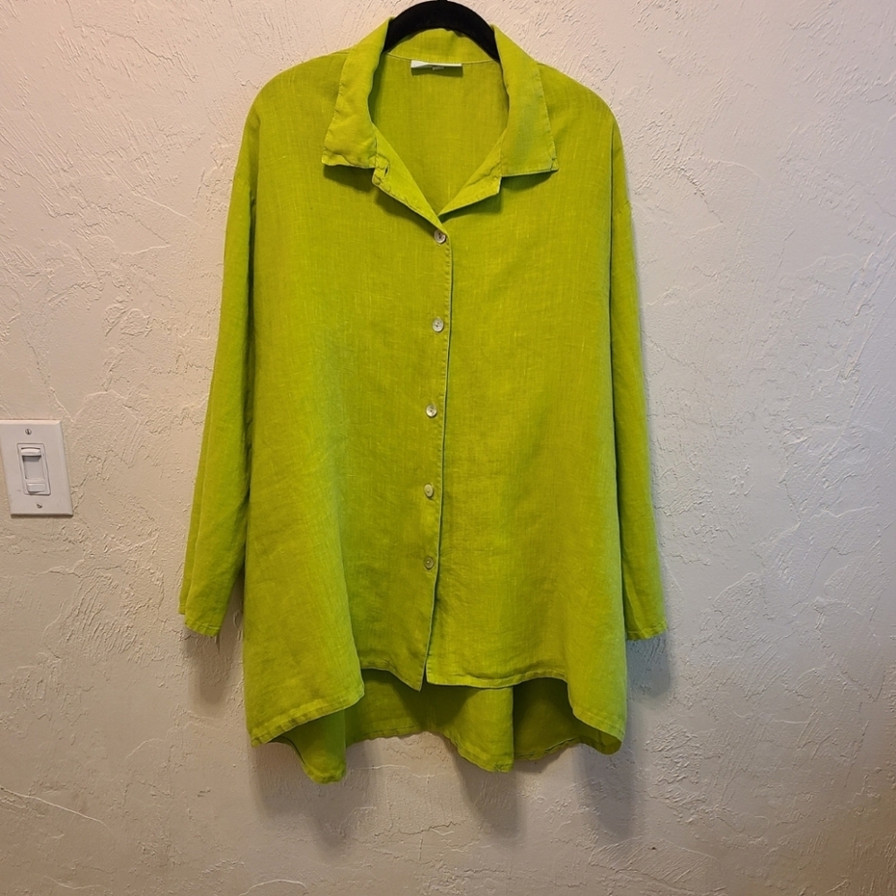 Bryan Walker Chartreuse Linen Button Down Blouse … - image 1
